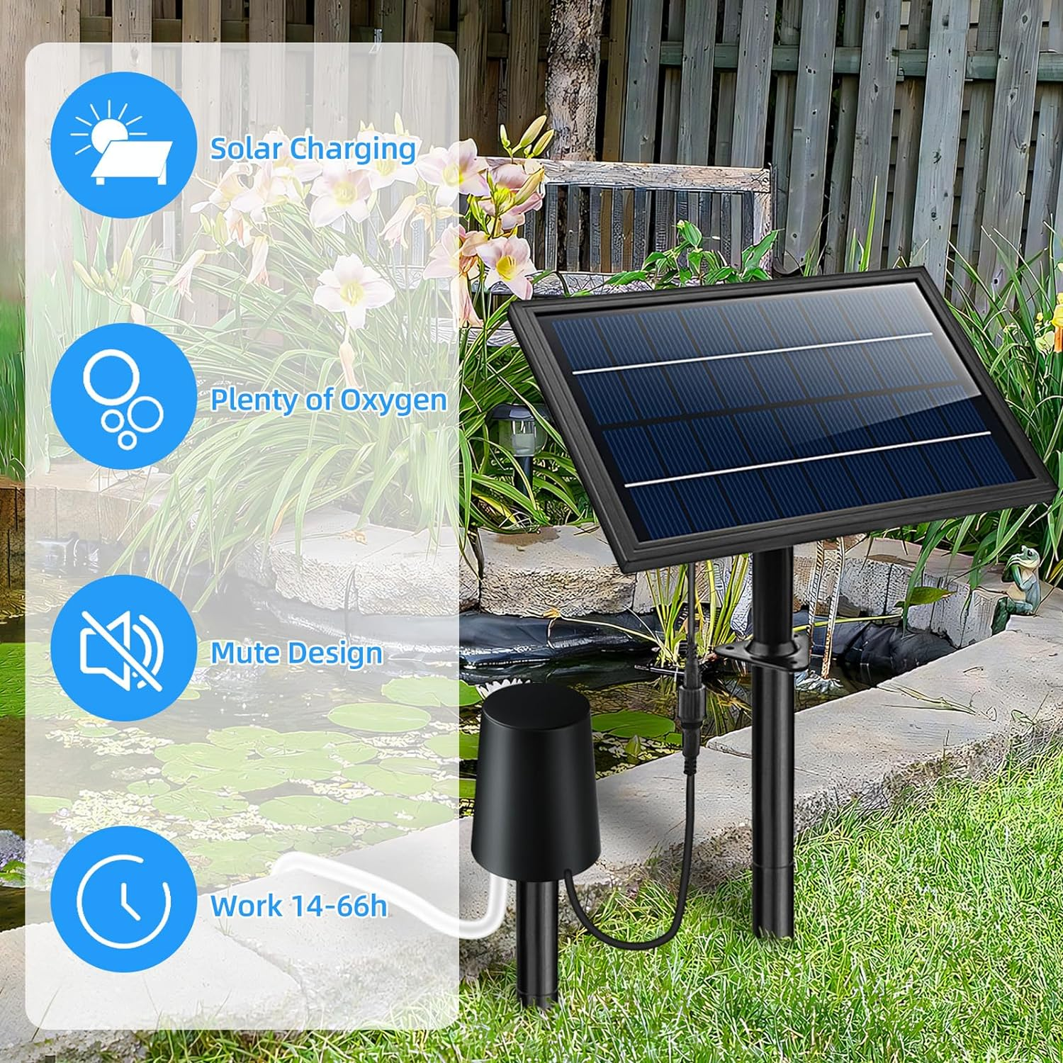 Solar Powered Air Pump Kit 10V 8W Solar Panel Air Pump with Pipe Air Stones 3 Working Modes Waterproof Solar Pond Aerator Oxygenator for Garden Fish Tank Pool Fishing Pond image number 6