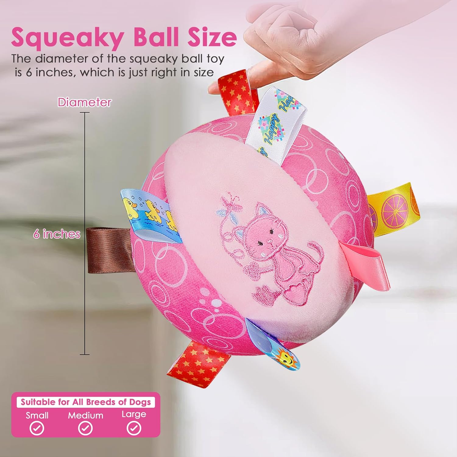 Dog Squeaky Plush Toy with Straps, 6-Inch Soft Stuffed Ball with Cotton Material and Bell Built-In, Pet Interactive Fetch Toy for Small to Large Dog image number 6