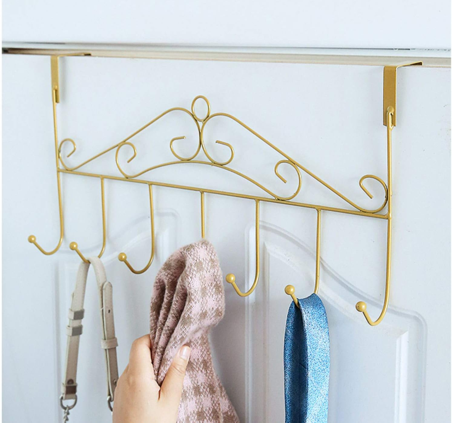 Eywlwaar Gold over the Door Hooks 7 Hanger Rack Heavy Decorative Metal Rack for Home Use Hats Coats Key Bag Clothes Scarfs Hooks (Golden) image number 1
