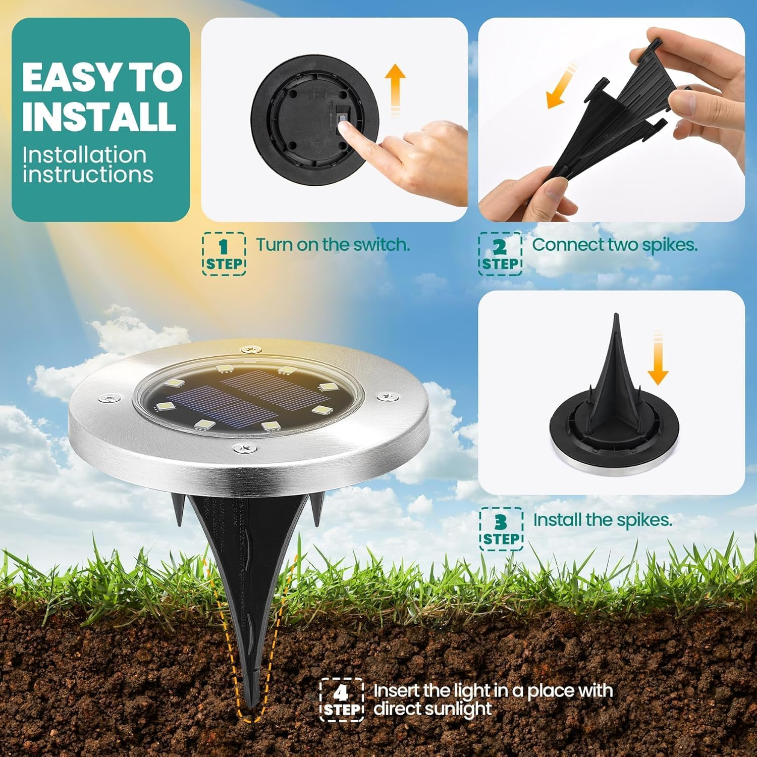 12 LED Solar Lights Outdoor, 12 Pack IP65 Waterproof Solar Garden Lights, Powerful Solar Street Light for Outdoor Ground Lighting, Patio, Deck, Pathway image number 3