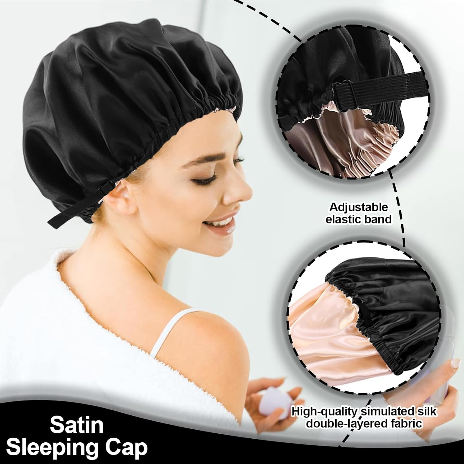 Satin Bonnet, Adjustable Double Layered Satin Cap, Satin Sleep Hair Cap for Women Girls Shower, Sleeping (Black) image number 3