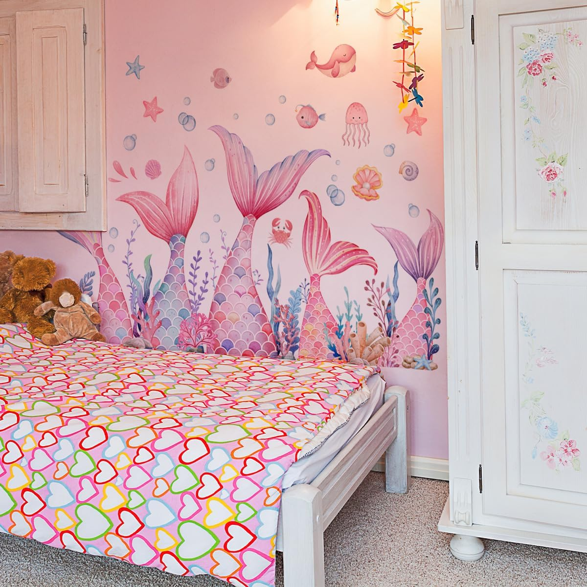 Mermaid Tail Wall Stickers under the Sea Mermaid Bubble Seaweed Peel and Stick Wall Art Decals for Girls Bedroom Bathroom (30 * 90Cm*2Pcs)