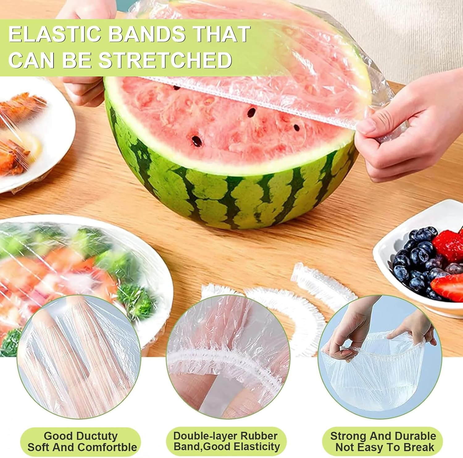 200 Pcs Elastic Food Storage Covers Clear Plastic Wrap Bowl Covers & 5 Pairs of Disposable Gloves Alternative to Foil for Outdoor Picnic for Restaurant Picnic