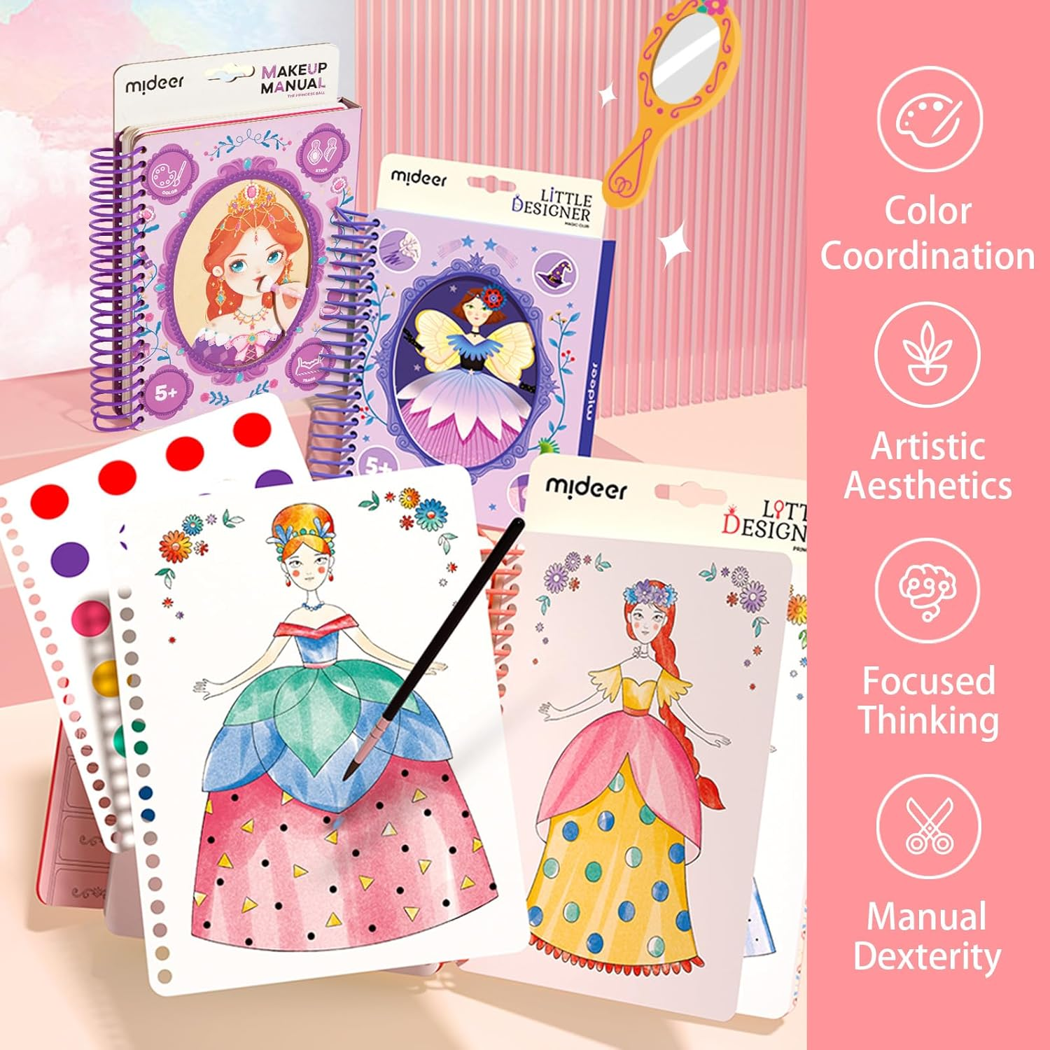 Mideer Fashion Design Sketchbook with Watercolor Painting, Princess Dress-Up Activity Book with Stencils and Stickers, Make-Up Fashion Designer Kits for Kids 5 6 7 (Makeup Manual Princess Ball) image number 5