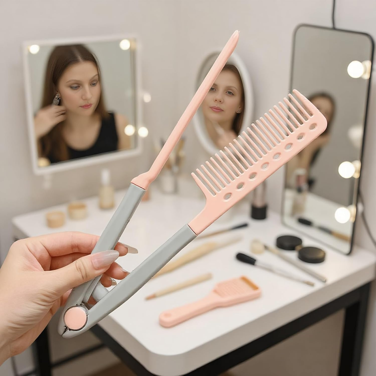 2 Pack V Shape Hair Straightening Combs Set, Flat Iron Comb Attachment Combs for Beautiful Tresses, Portable Hair Straightener Comb for Women'S Styling - Blue image number 6