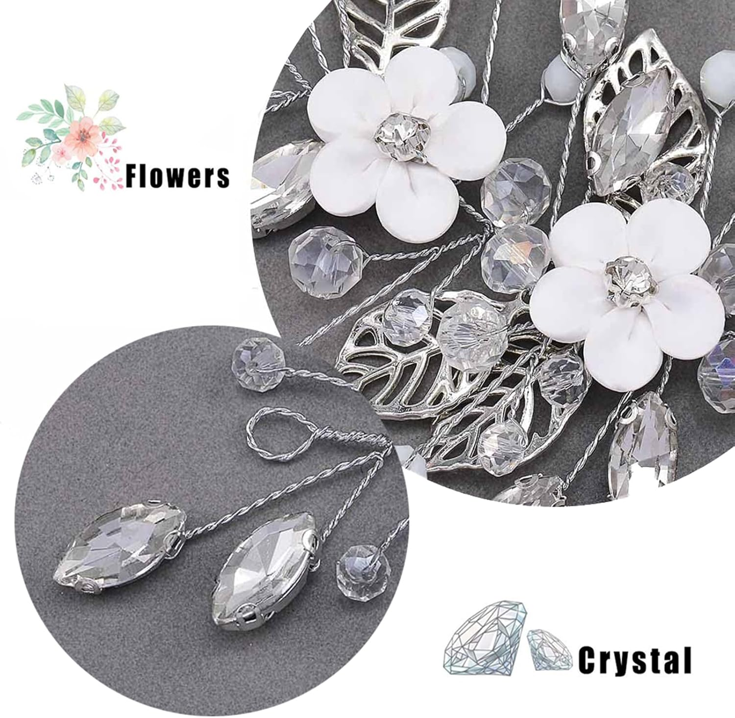 Brateuanoii Silver Flower Wedding Hair Comb, Silver Crystal B-Raut Headpiece, Rhinestone B-Raut Hair Accessories, Flower Leaf Headband, B-Raut Headband Headpiece for Women and Girls image number 4