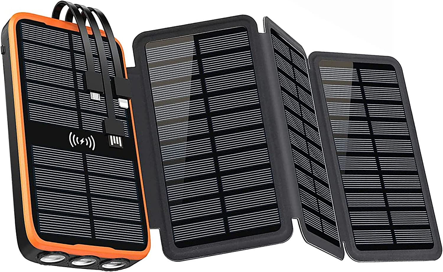 2025 Upgraded Solar Power Bank, 26800Mah with 4X Foldable Solar Panels Built-In 2 Output & 1 Input Cables PD 20W QC3.0 18W Fast Charging and Qi 10W Wireless Charging 6W Solar Charging Portable Charger image number 4