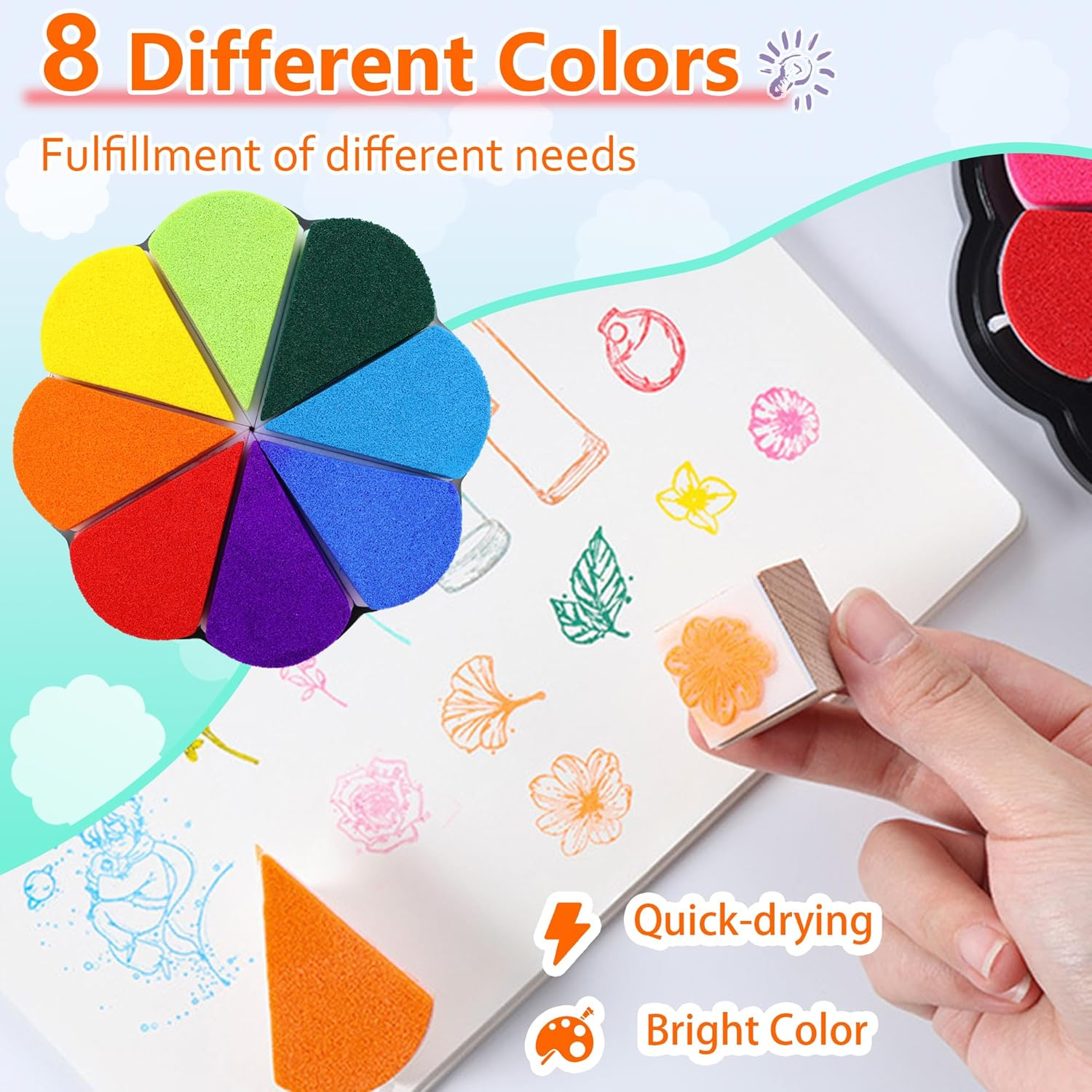 8 Colors Ink Pads for Rubber Stamps, DIY Color Hand Print Ink Pad, Petal Shape Stamp Pads for Card Making, Washable Stamp Pad, Multicolor Finger Print Ink Pads, Ink Stamps image number 3