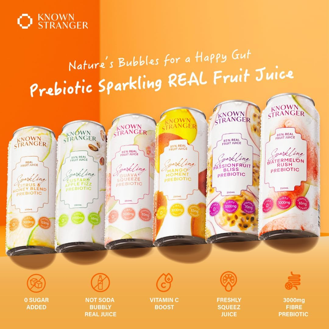 Known Stranger Prebiotic Sparkling Juice | Mixed Pack | 24 X 250Ml Can. 6 Flavours X 4 Cans Each, Guava Squeeze, Passionfruit Bliss, Mango Moment, Watermelon Rush, Custard Apple Fizz, Citrus & Honey image number 1