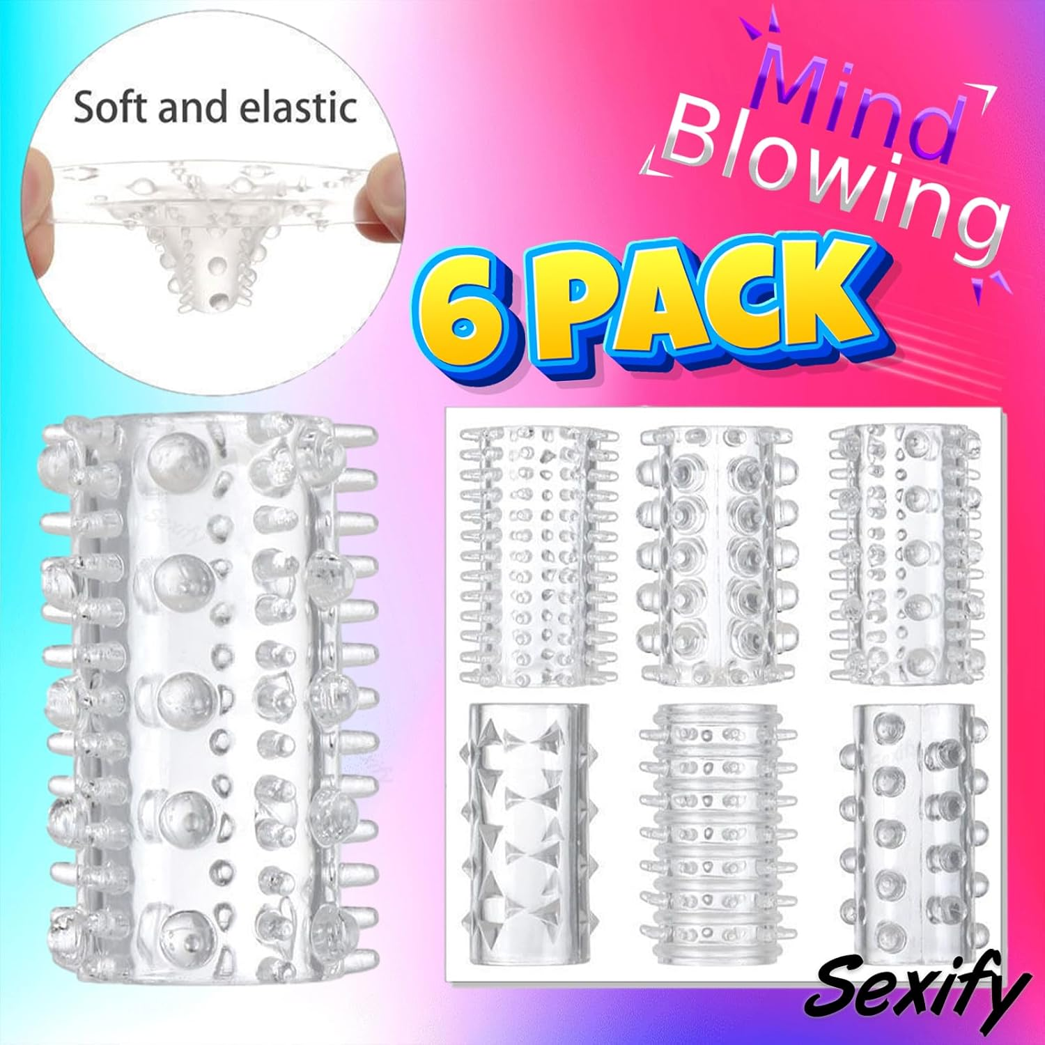 Small Penis Rings, Penis Sleeve Set, Cock Rings with 6 Pack Set Stretchy Textured Studded Stretchy, Erection Enhancing Enhance Men, Delay Tickler Dildo Extension Adult Sex Toys for Men Couple Sex Toy image number 5