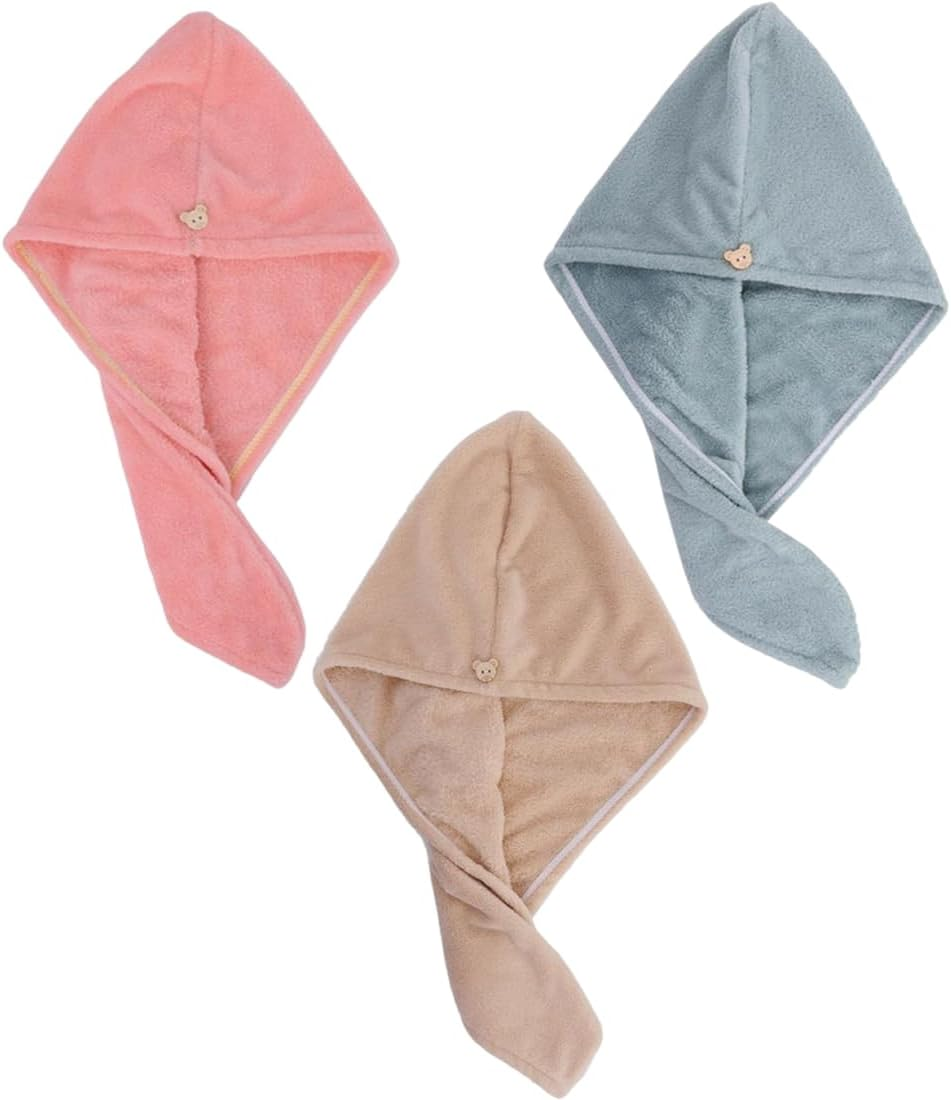 3 Pack Microfiber Hair Drying Towel Hair Drying Towel with Buttons, Super Absorbent, Quick Drying, Fluffy, Pink, Green, Brown image number 4