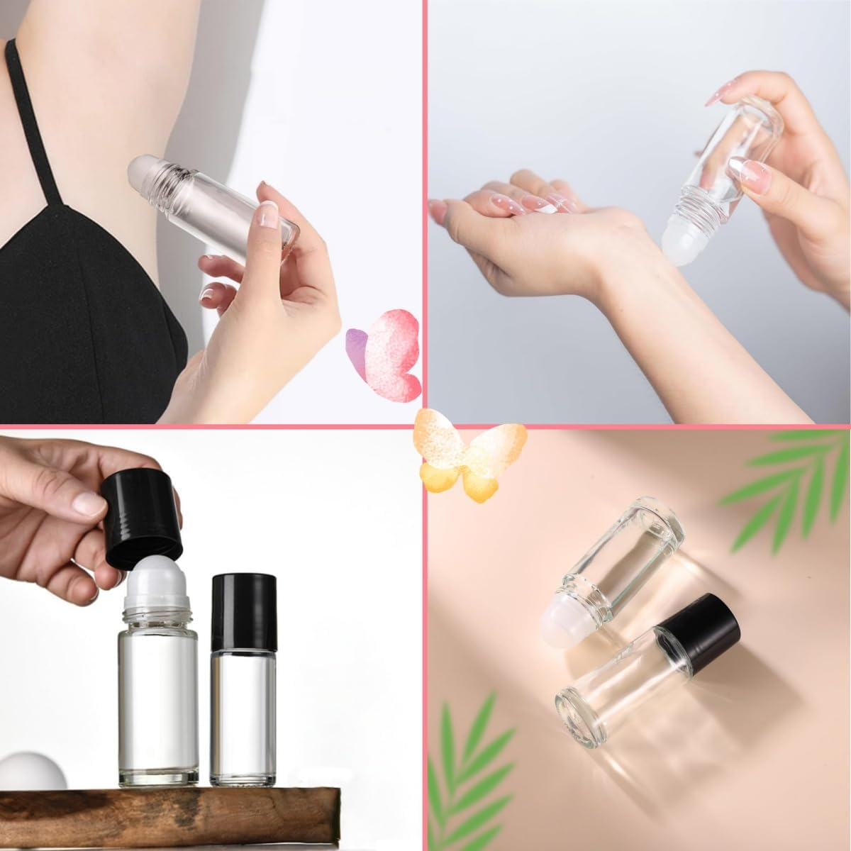 4 Pcs 50Ml Essential Oil Bottles,Refillable Glass Roll On, Elegant Design,Perfume Roller Bottles with Plastic Roller Balls and Lids (Clear) image number 2