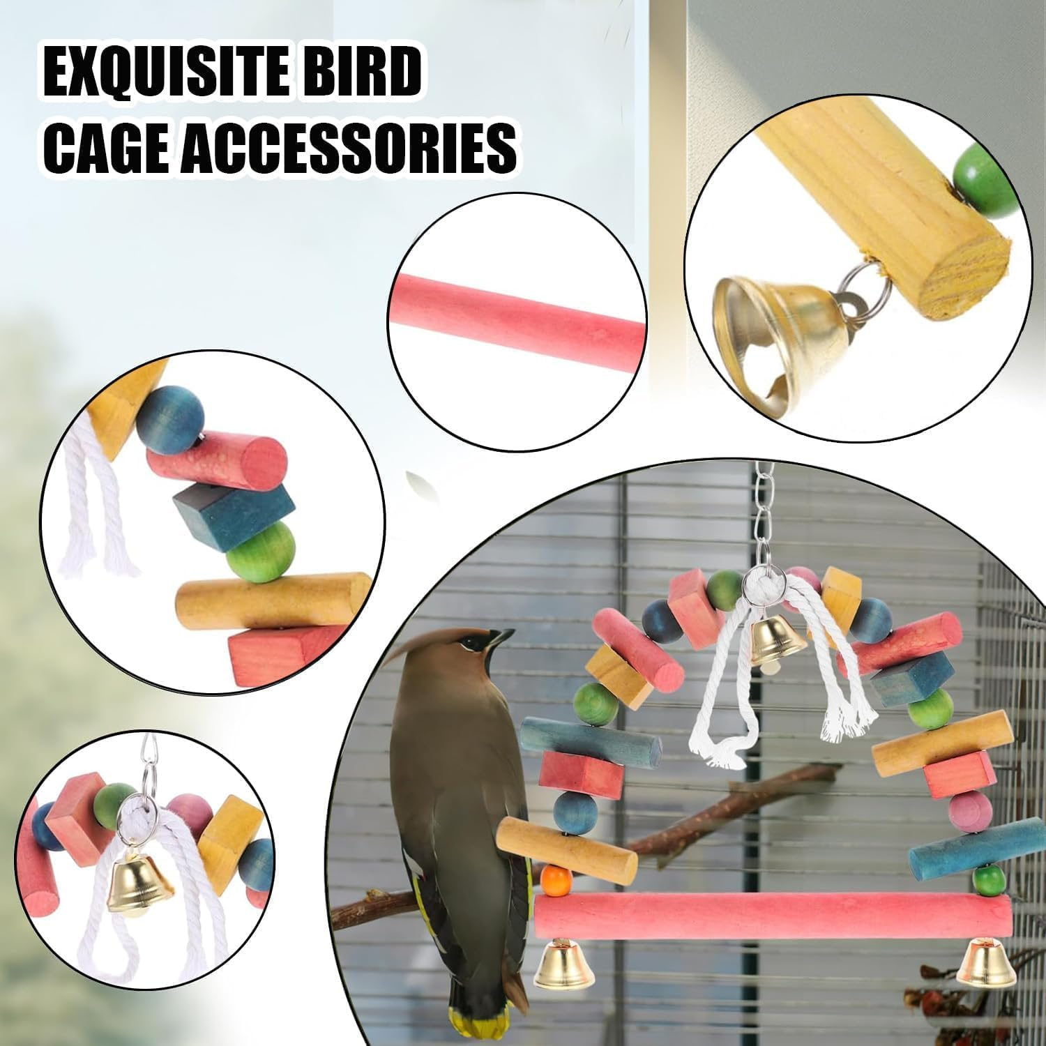 Wooden Hanging Bird Swing Perch with Bell, 1Pc Wooden Bird Swing Perch Parrot Hanging Toy with Bell, Bird Cage Swing Parrot Swing Hanger Toy Bird Cage Perched for Small Sized Birds image number 2