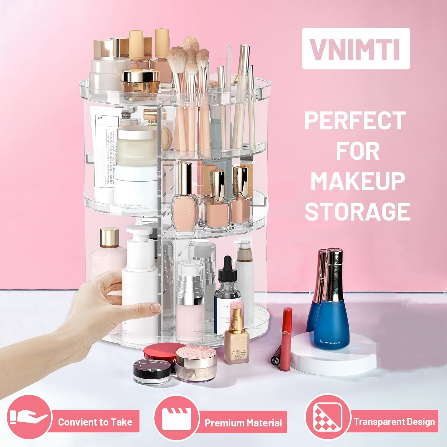 VNIMTI 2 Pack Rotating Makeup Organizer for Vanity, Large Cpacity Cosmetic & Skincare Organizers, Clear Makeup Holder for Countertop， Dresser and Bathroom, Adjustable Trays, 360 Degree Spinning