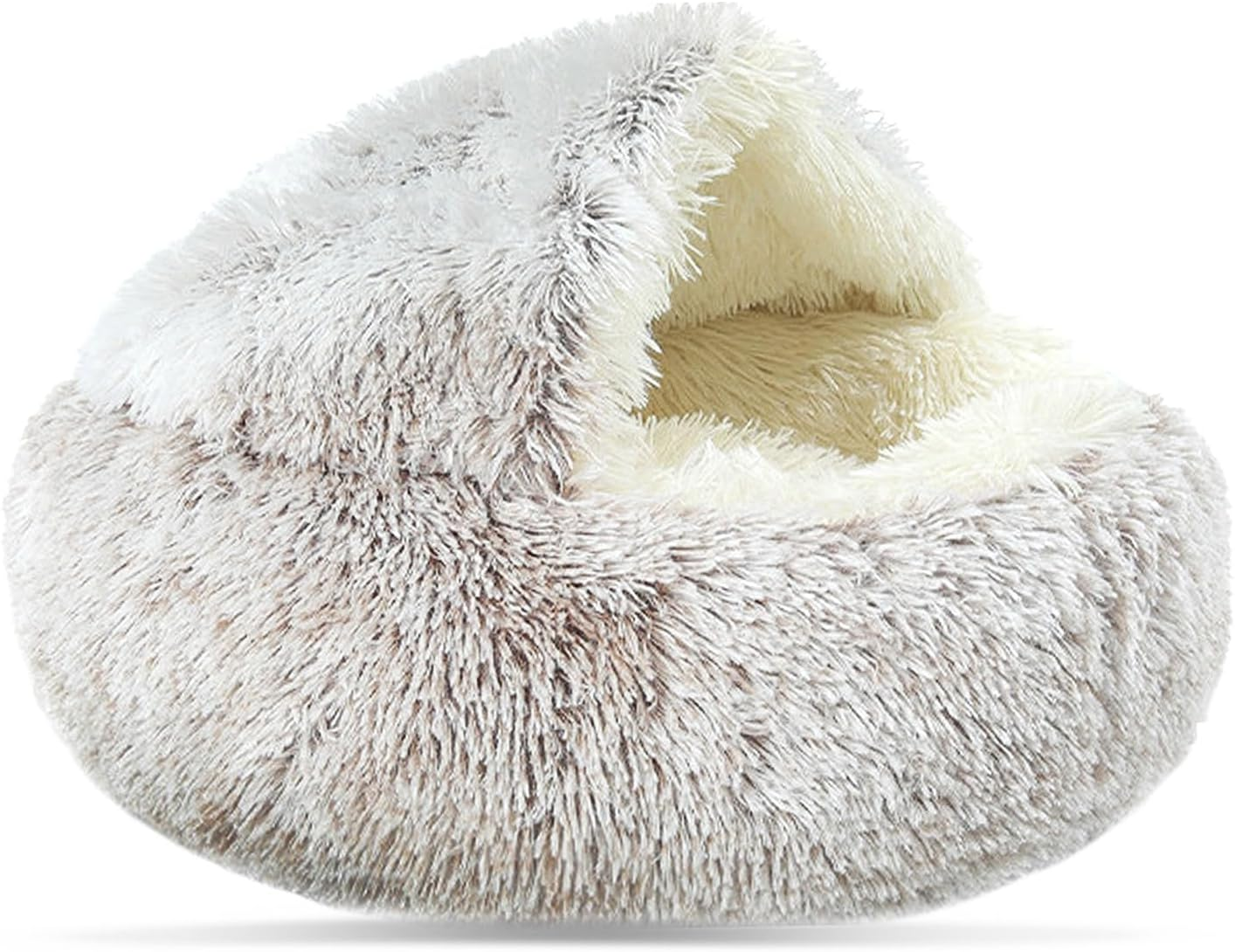 Cat Bed round Soft Plush Burrowing Cave Hooded Cat Bed Donut for Dogs & Cats, Faux Fur Cuddler round Comfortable Self Warming Pet Bed image number 1