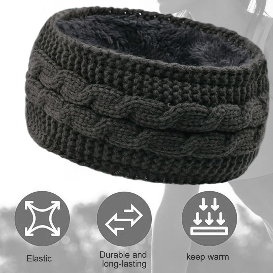 Women'S Winter Headband, Knitted Hair Bands, Winter Crochet Head Wrap, Women'S Winter Headband, Elastic Hair Band, Dark Grey, Beige, Pack of 2 image number 4