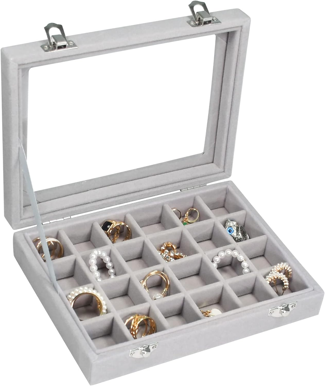 Velvet Jewelry Box 24 Grid Jewelry Ring Display Organiser Box Tray Holder Earrings Storage Case for Girls Wife Mom Women (Black)