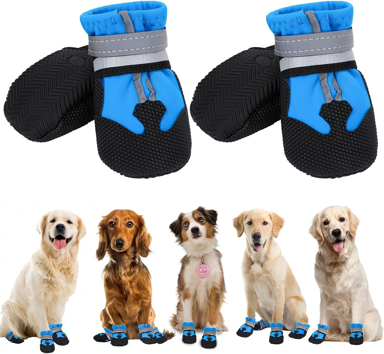 4 PCS Dog Boots Paw Protector,Waterproof Dog Shoes with Reflective Straps,Adjustable Washable Non-Slip Dog Shoes,Dog Boots for Injured Paws, Outdoor Walking Boots for Small Medium Large Dogs (XXL)