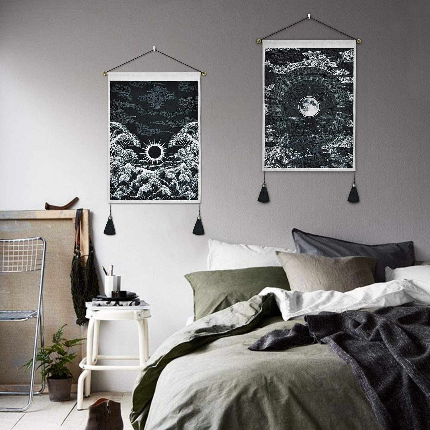 Pack of 2 Tapestry Moon and Star Tapestry Ocean Wave Tapestry Black and White Tapestries Mountain Tapestry Sunset Great Wave Tapestry Wall Hanging for Room (13.8 X 19.7 Inches) image number 3