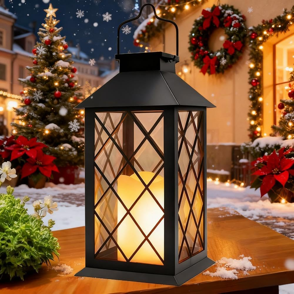Yowin Solar Lanterns for Outside, Large Garden Lanterns with Flickering Candle, Hanging Garden Gifts, Outdoor Waterproof Solar Ornaments for Balcony Patio Vintage Wall Decorations - Black image number 2