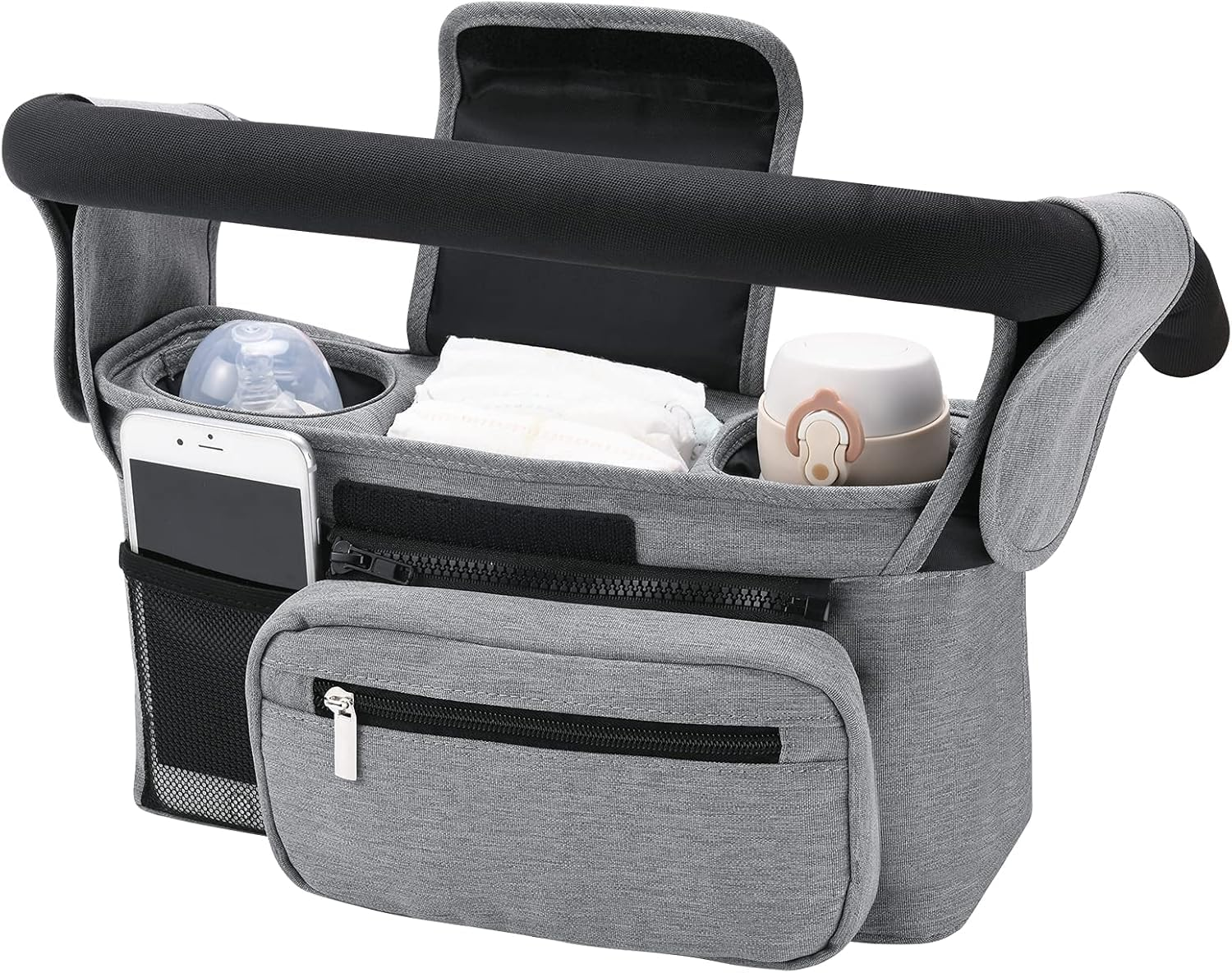 Baby Pram Bag, Baby Pushchair Organizer with Insulated Drink Cup Holder and Phone Storage, Universal Stroller Storage Bag with Adjustable Strap and Detachable Pocket (Black)