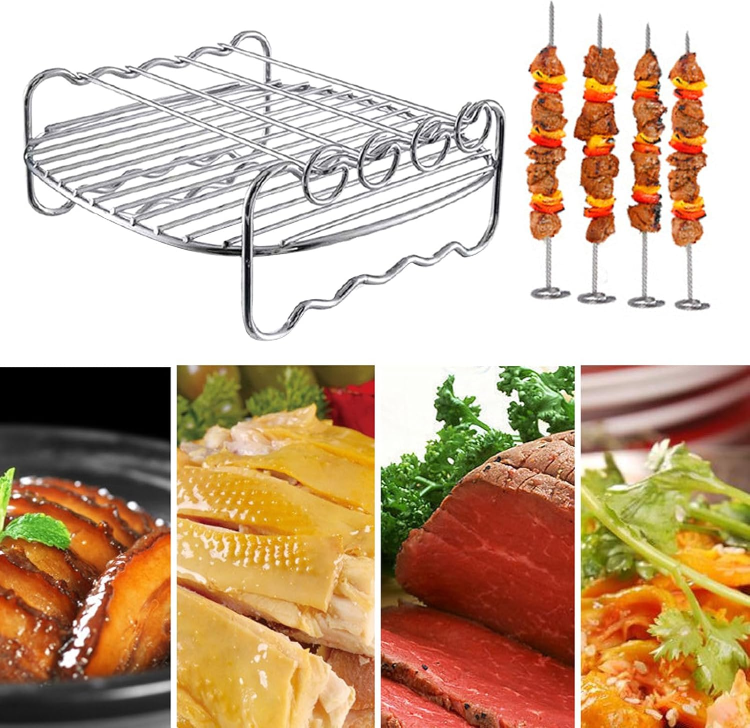 Air Fryer Rack Set - Stainless Steel Grilling Rack with Skewers for D-U-A-L Basket Air Fryer Accessories, Oven, Microwave - Airfryer Grill Stand for Roasting Cooking (6, 7, 8 Inches) image number 1