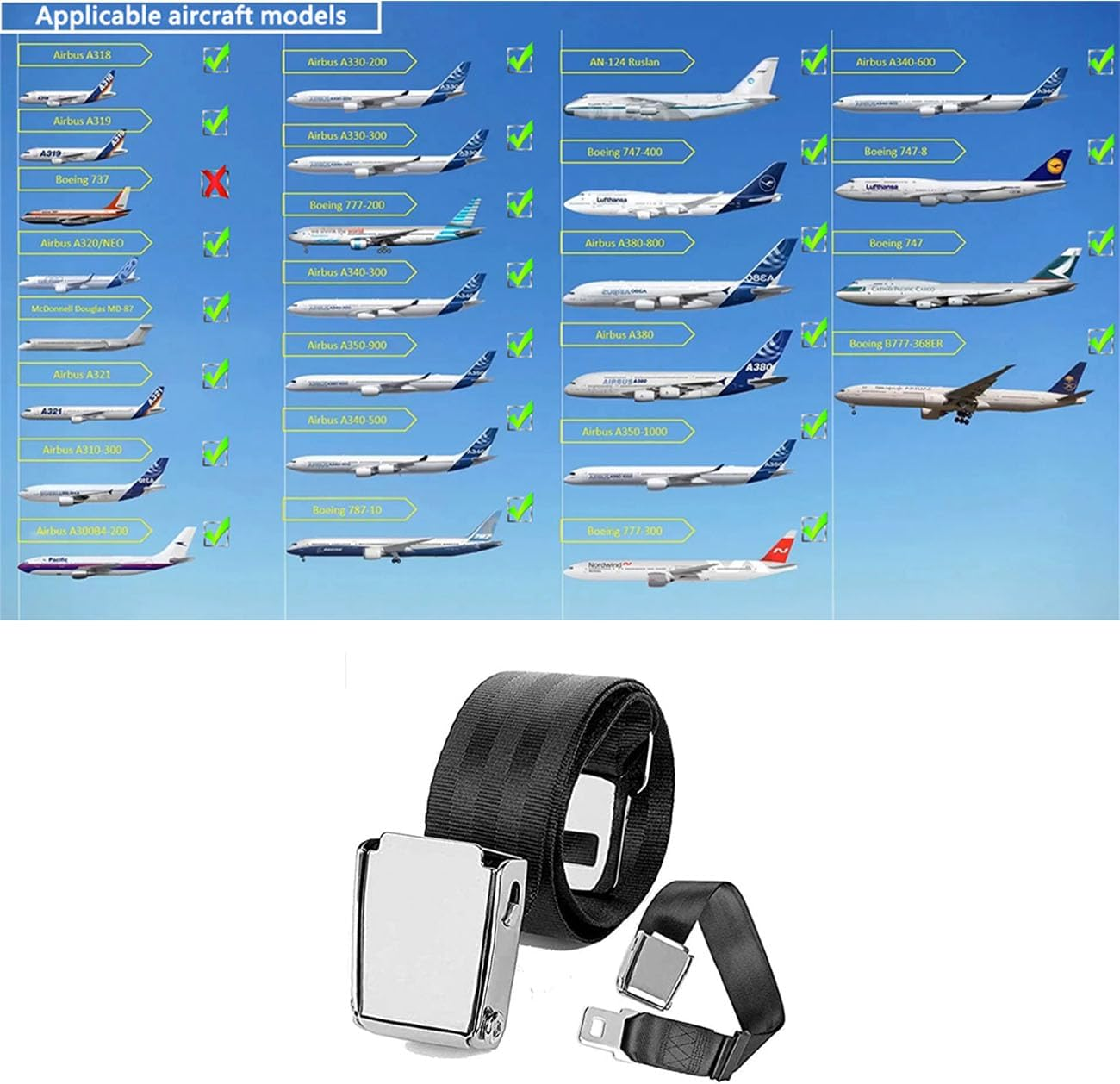 Adjustable 7-31" Airplane Seat Belt Extender - Universal Seat Belt Extender for Airplanes - FITS All Airlines in US except Southwest 1 image number 1