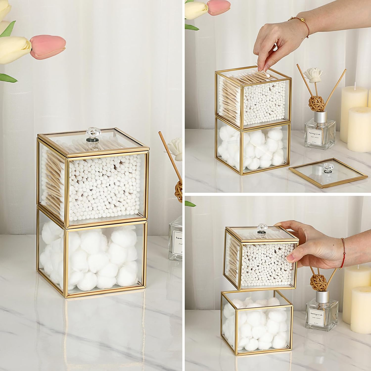 Hipiwe Glass Qtip Holder Dispenser with Lid 2-Tier Stackable Bathroom Containers Cotton Ball & Swab Holder Vanity Organizer Jars Gold for Makeup Pads