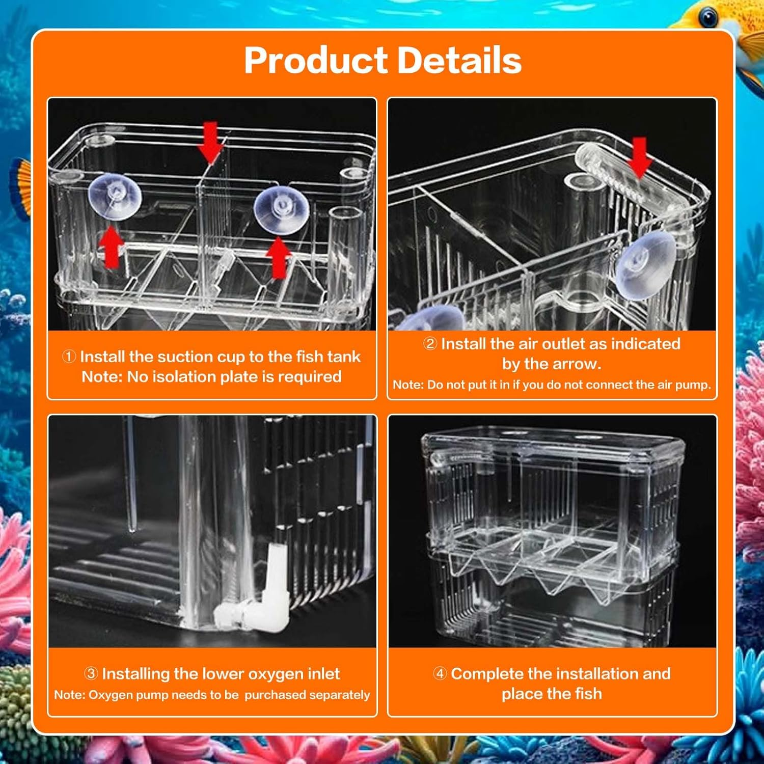 SUSOO Large 4 Hole Aquarium Fish Breeding Box, Safe 2Mm Baby Fish Hatchery Box with Removable Double Isolation Divider Hatching, Dual Feeding Holes and Extra Aeration Pipe Design（18.5Cmx9Cmx15.5Cm） image number 6