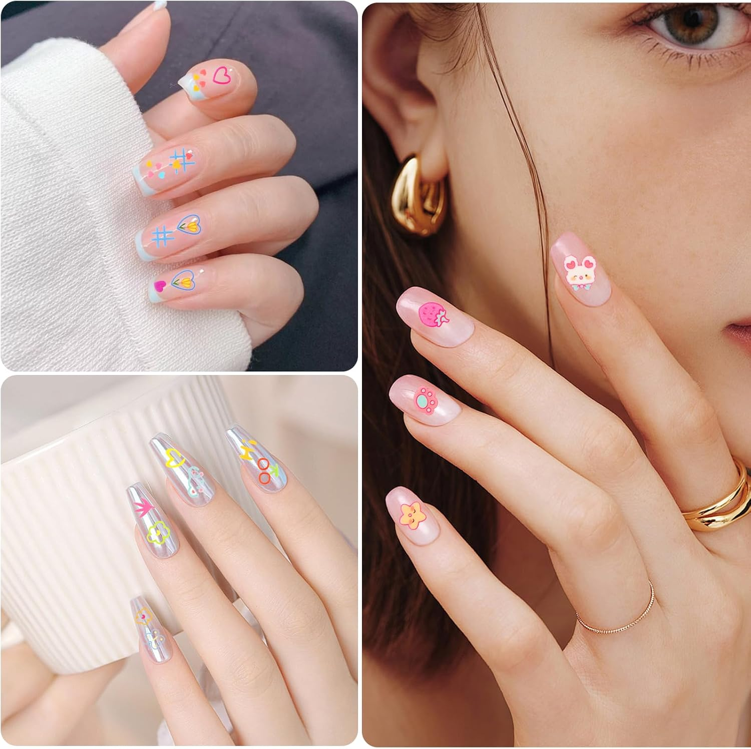 WD&CD 30 Sheets Colorful Cute Nail Art Stickers Decals Self Adhesive Nail Stickers Nail Art Supplies Colorful Flower Stickers Floral Rabbit Bear Heart Nail Designs Manicure Tips Charms Nail Decoration image number 1