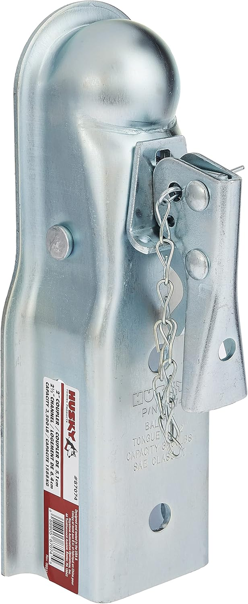 Husky 87074 2" Ball 2.5" Width 3,500 Lbs. Straight Coupler with Chain,Grey