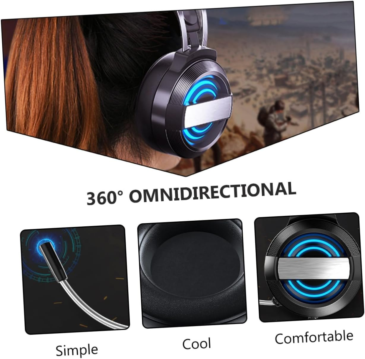 TEHAUX Wired Gaming Headphone USB Computer Headset Microphone Black Standard Edition for Desktop Pc, Over-Ear Game Headset Light for Online Multiplayer image number 5