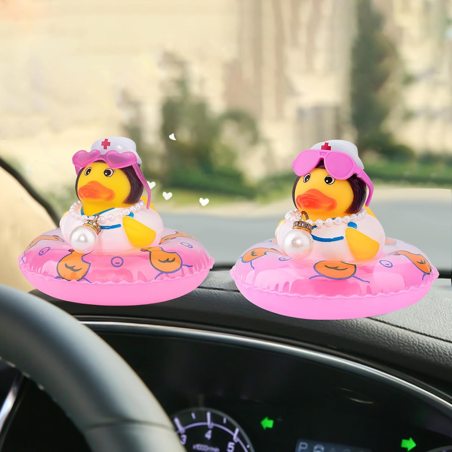 Wonuu Car Rubber Duck Car Duck Decoration Dashboard Car Ornament for Car Dashboard Decoration Accessories with Mini Swim Ring Necklace and Sunglasses, A_Nurse Duck_Pink Swim_Heart Glasses_Big Pearl image number 2