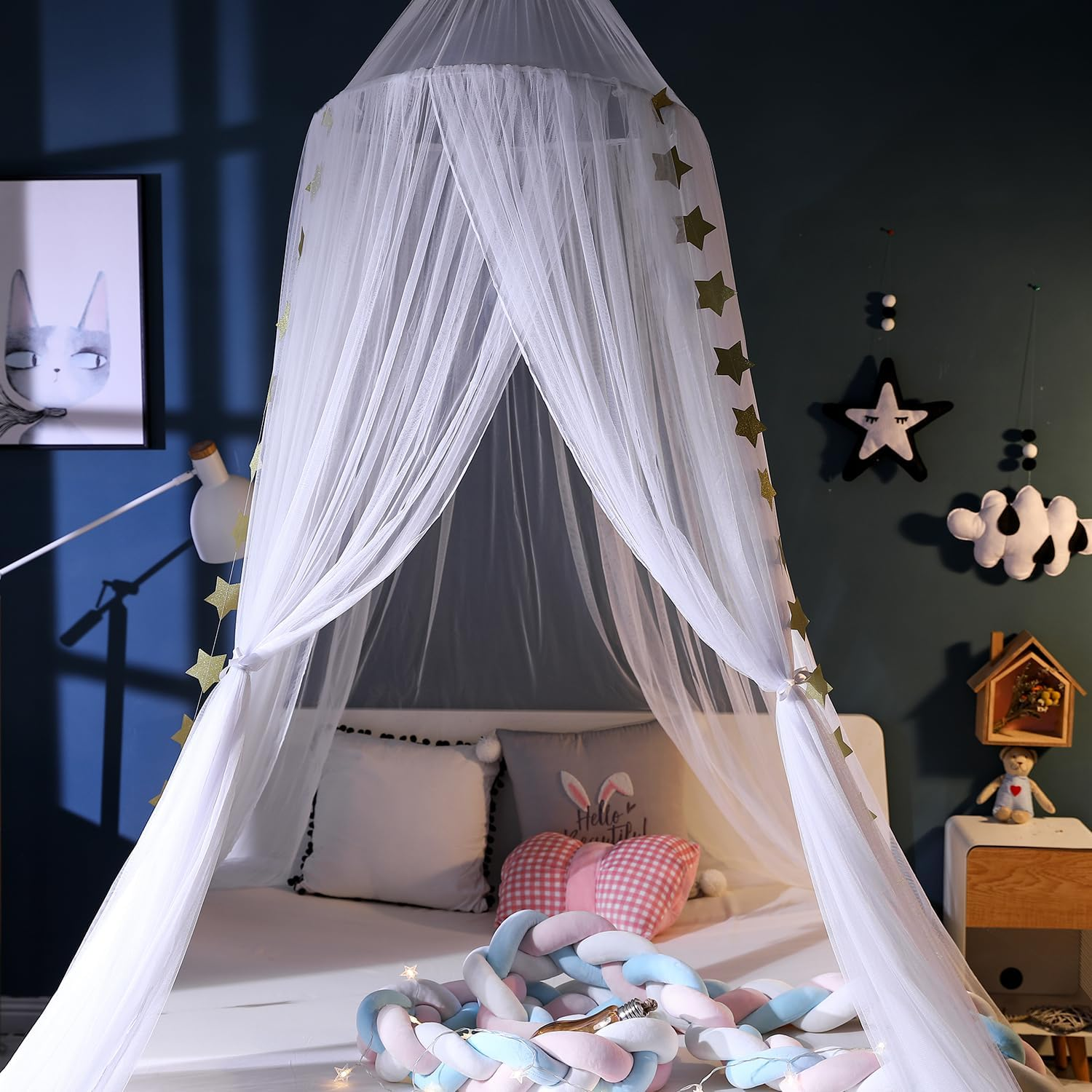 Crown Bed Canopy Mosquito Net with round Dome, Curtain Court Canopy with Stars Decor for Baby Crib, Kid Bed, Play Tent, Children Reading Nook Canopies Indoor, Hanging Bed Net Decoration (White) image number 3
