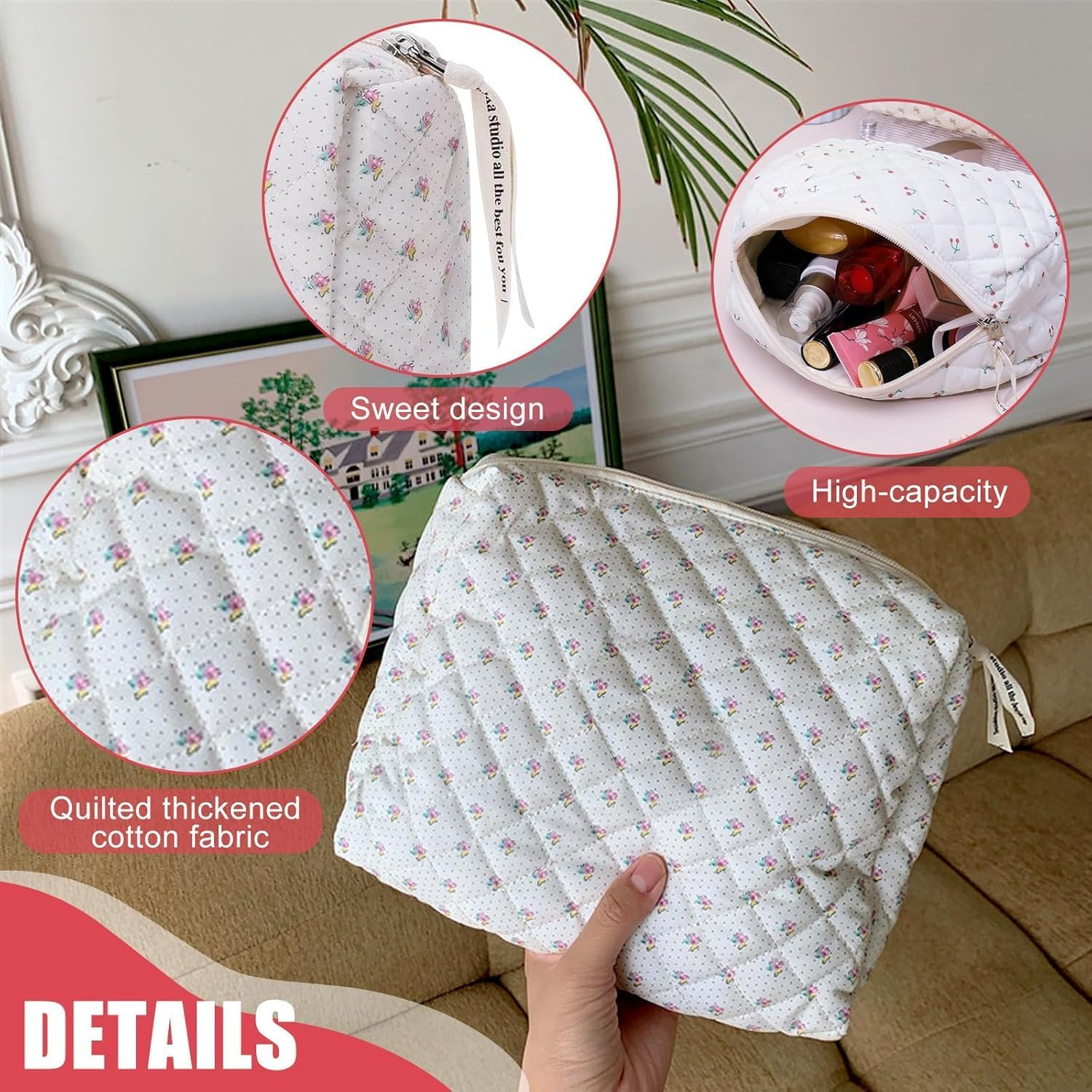 Cotton Floral Cosmetic Organizer Bag,1Pc Travel Cotton Floral Makeup Bag,Cotton Quilted Floral Make up Bag,Flower Pattern Cosmetic Bag Floral Cotton Quilted Makeup Bag,Cotton Floral Cotton Makeup Bag image number 2