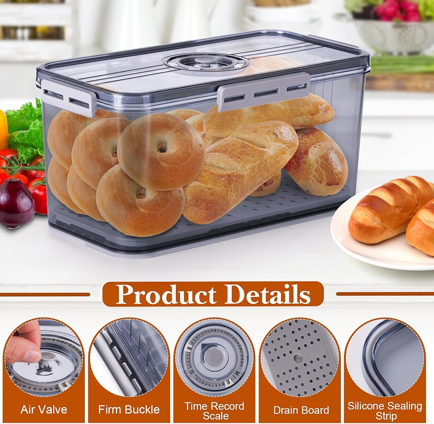 Bread Box for Homemade Bread, Bread Boxes for Kitchen Counter Airtight, Time Recording Bread Storage Container with Lid, Bread Containers Storage Airtight Loaf Bread Keeper, Grey image number 2