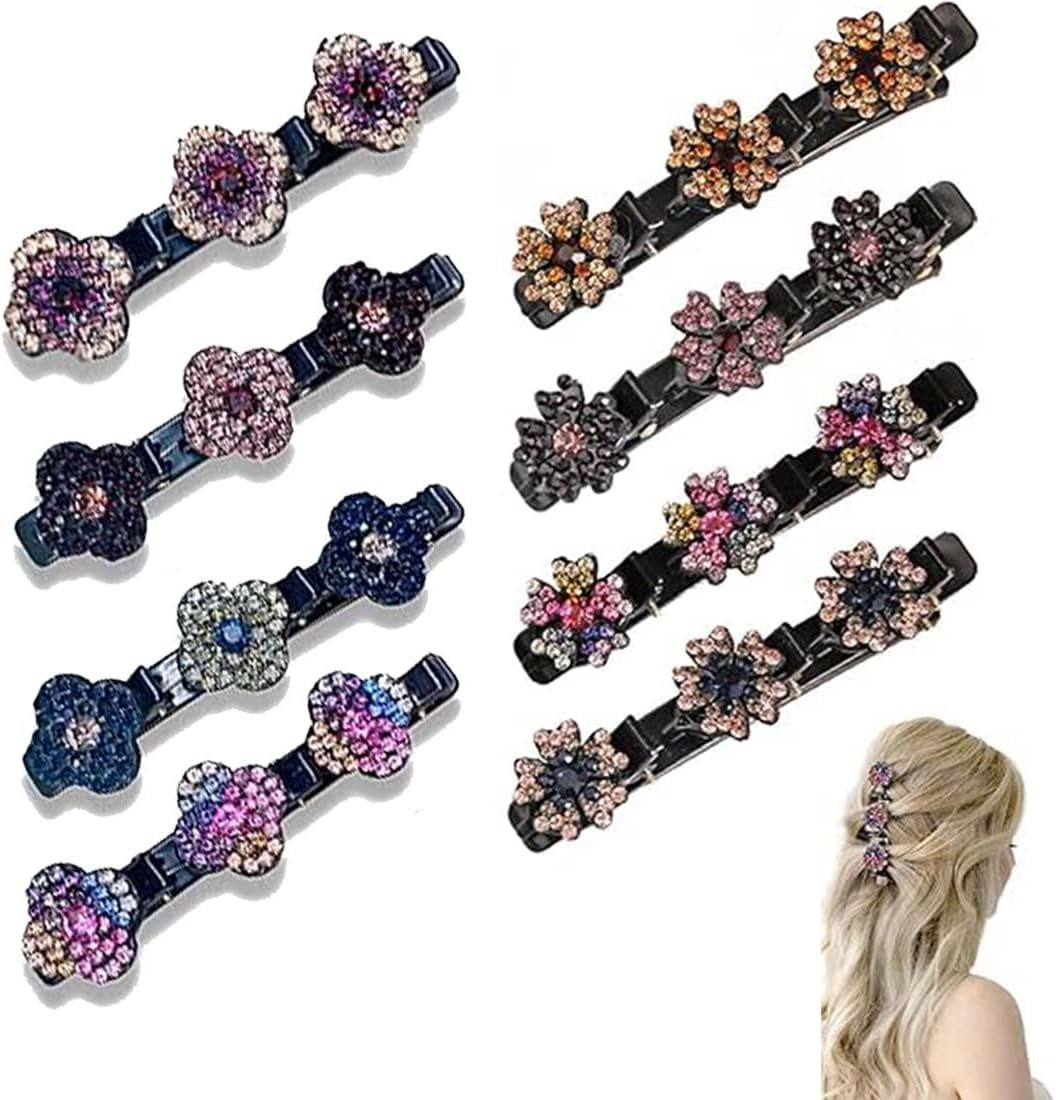 LAKJUOZ Pack of 8 Glittering Crystal Stone Braided Hair Clips, Hummingbird Hair Clip with Crystal Flower, Braided with Mini Hair Clips, Double Layer Mini Hair Clips, Four Leaf Clover and Flowers image number 2