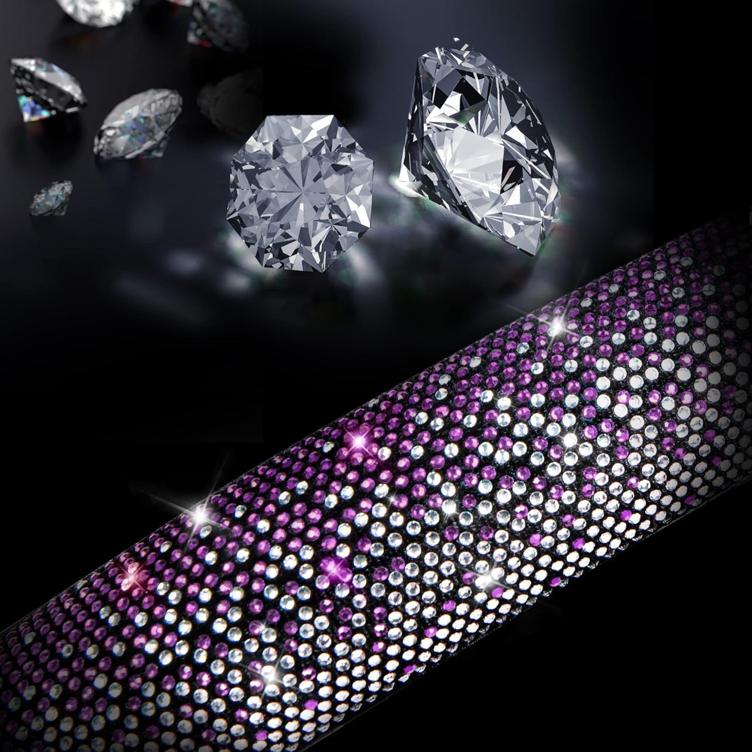 Flying Banner Diamond PU Leather Steering Wheel Cover, with Bling Crystal Rhinestones Universal Fit 14" 1/2-15" Crystal Glitter Fit Suvs,Vans,Sedans,Cars,Trucks (Violet Silver) - Blue image number 3