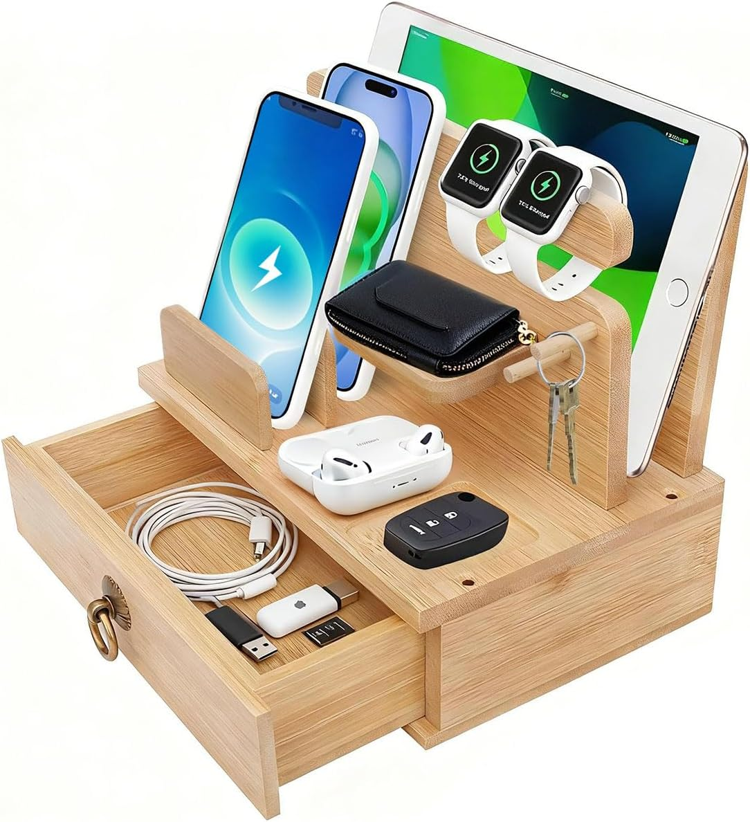 Bamboo Multiple Device Desktop Charging Dock Station Watch Organizer Key Holder with Drawer for Iwatch,Airpods,Ipad,Smartphones,Tablets,Kindles