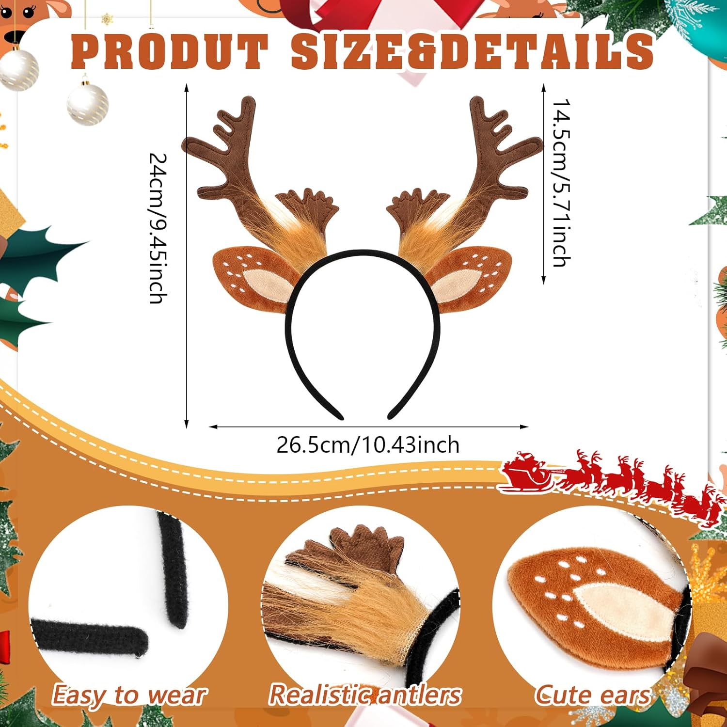 2 Pack Reindeer Headbands for Adults Kids,Christmas Headwear Reindeer Ears Headband Christmas Head Boppers,Hair Accessories for Christmas Supplies and Holiday Parties Favors image number 1