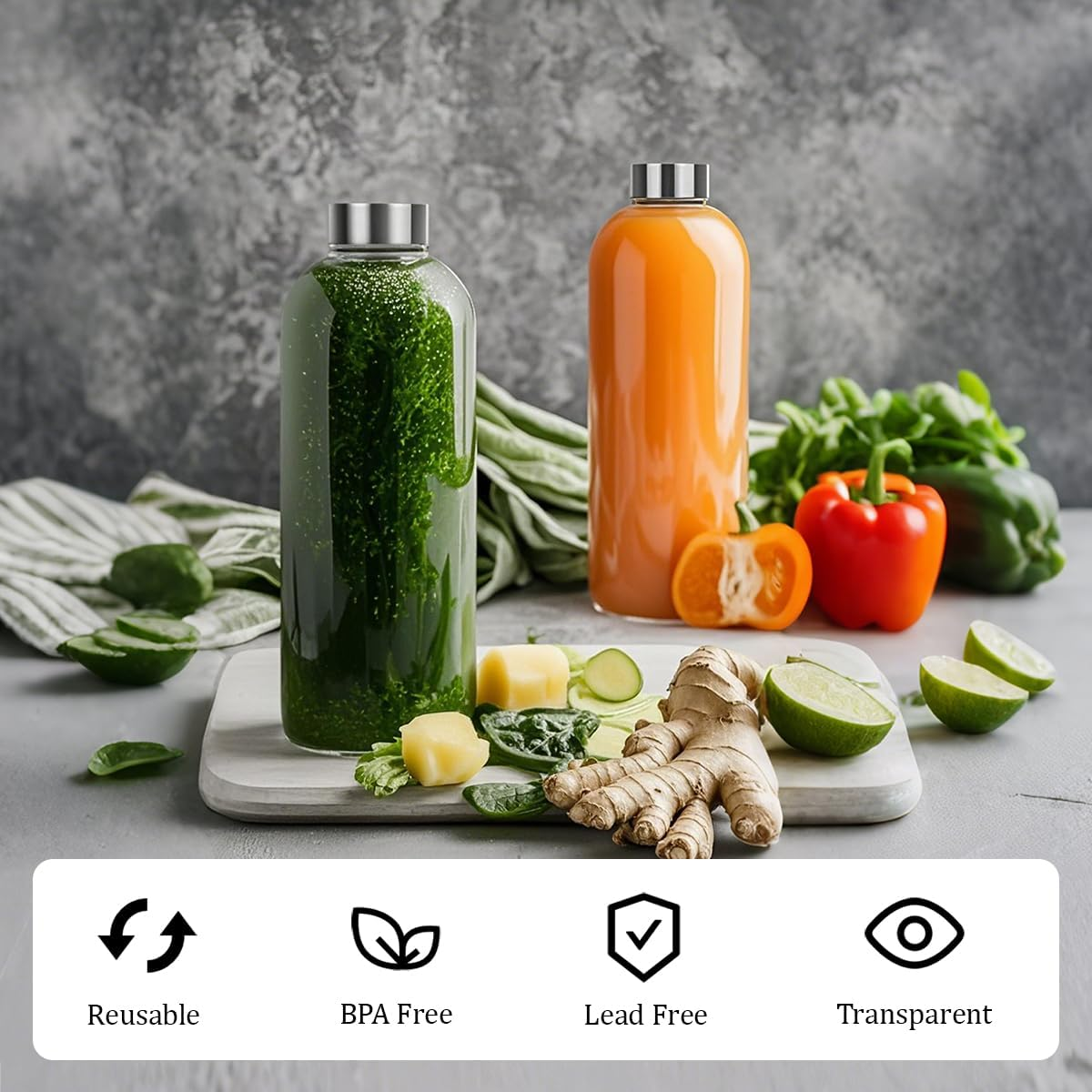 Blissify 1L High Borosilicate Glass Water Bottles, 2 Pack Glass Juice Bottles with Lids, Reusable Drinking Bottles for Hot Cold Drinks, Home, Office, Gym & Outdoors image number 1