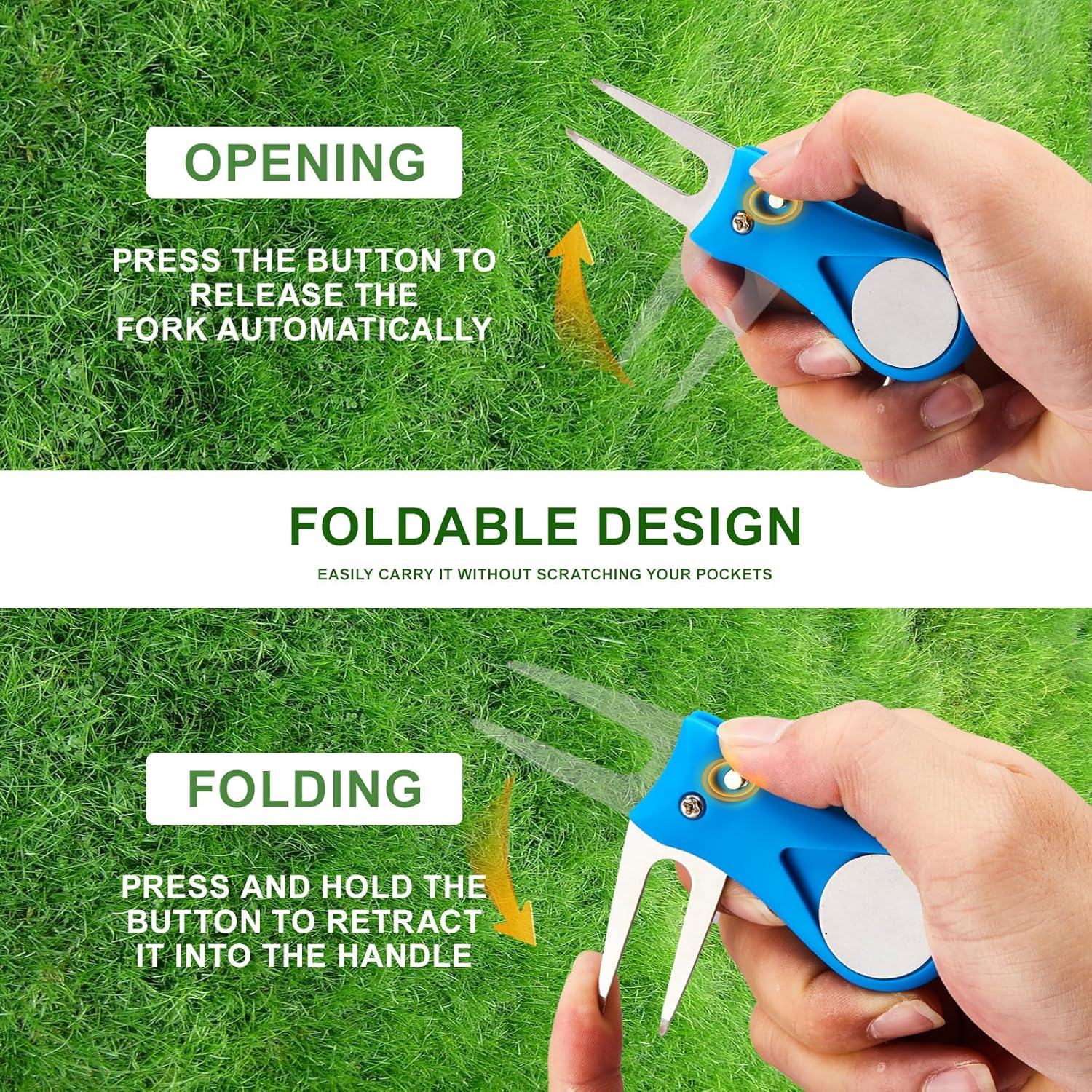 Golf Divot Repair Tool, 2 Pack Divot Fork with Magnetic Button Ball Marker, Stainless Steel Foldable Pop-Up Divot Turf Fork Metal Putting Fork Golf Green Tool for Golfers, Black & Blue image number 6
