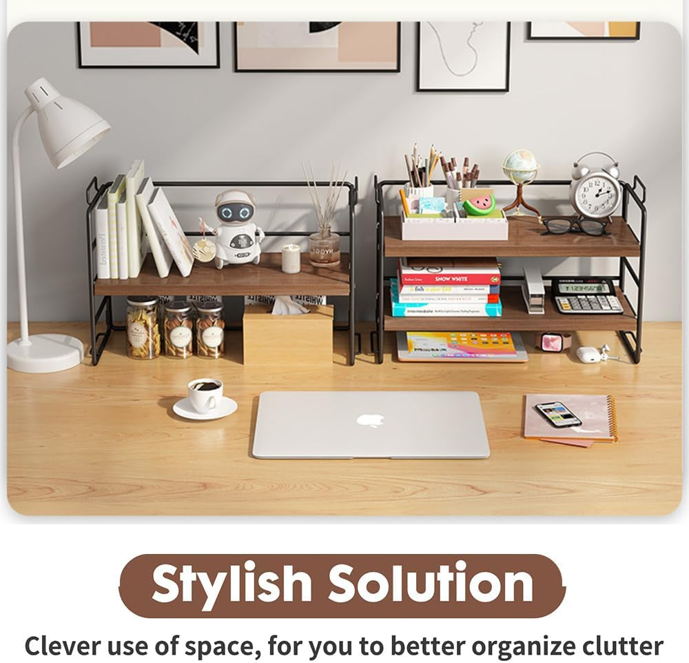 TOMVAES Desktop Shelf Office Desk Shelf Organizer, Wood Desktop Bookshelf Supplies Storage Rack Shelf for Top of Desk and Dresser 2 Tier Independent Stackable Desk Organizer for Office, Dorm, Home image number 6