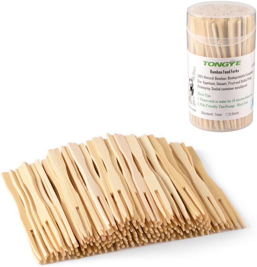 TONGYE Bamboo Forks 3.5 Inch, Mini Food Picks Party, Banquet, Buffet, Catering Daily Life. Two Prongs - Blunt End Toothpicks Appetizer, Cocktail, Fruit, Pastry, Dessert. (110 PCS) image number 2