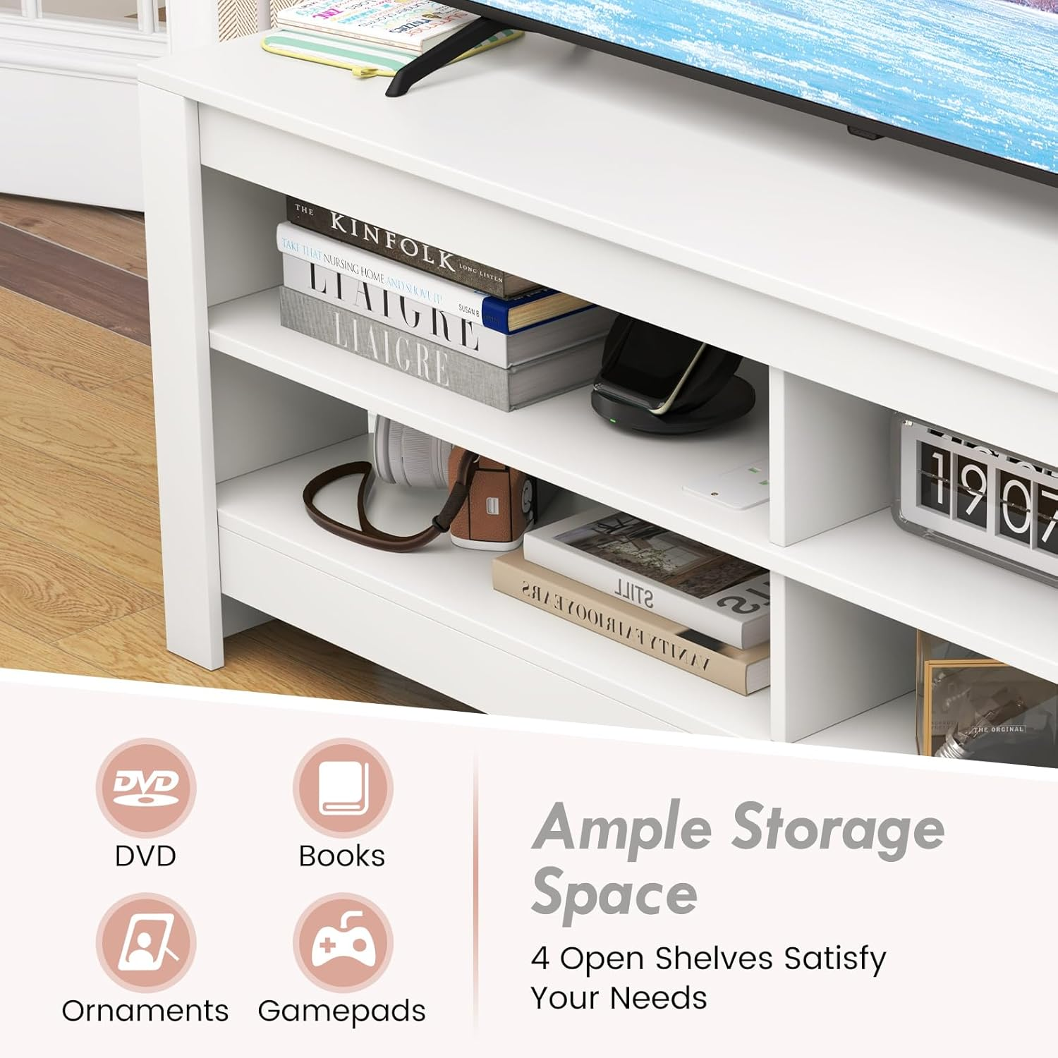 Giantex Corner TV Stand with Power Outlet, 3-Tier Entertainment Center with 4 Open Storage Shelves, 140CM Multifunctional Console Table for up to 65 Inch TV, for Living Room & Bedroom (White) image number 6