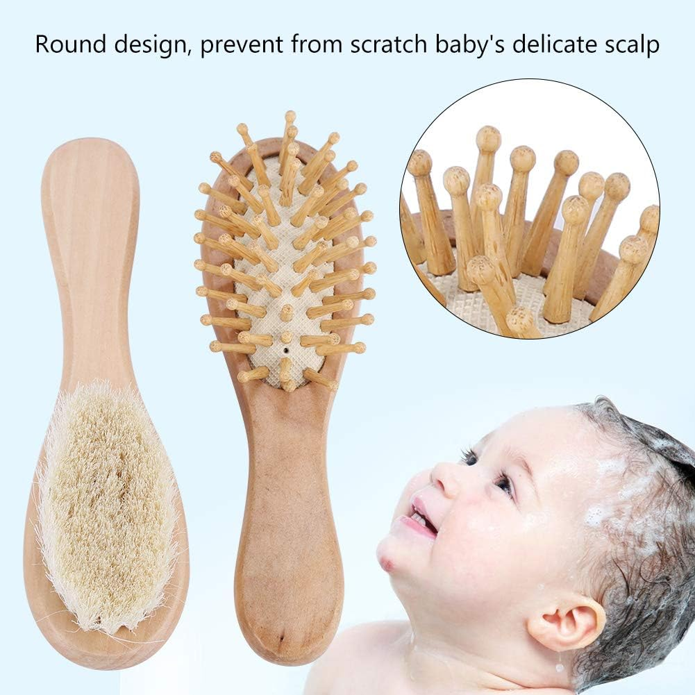 Baby Hair Brush Comb Set, Soft Natural Goat Hair Bristles Brush Wooden Head Massage Comb Bathing Tool Shower Registry Cradle Cap Infant Kids Newborn image number 3