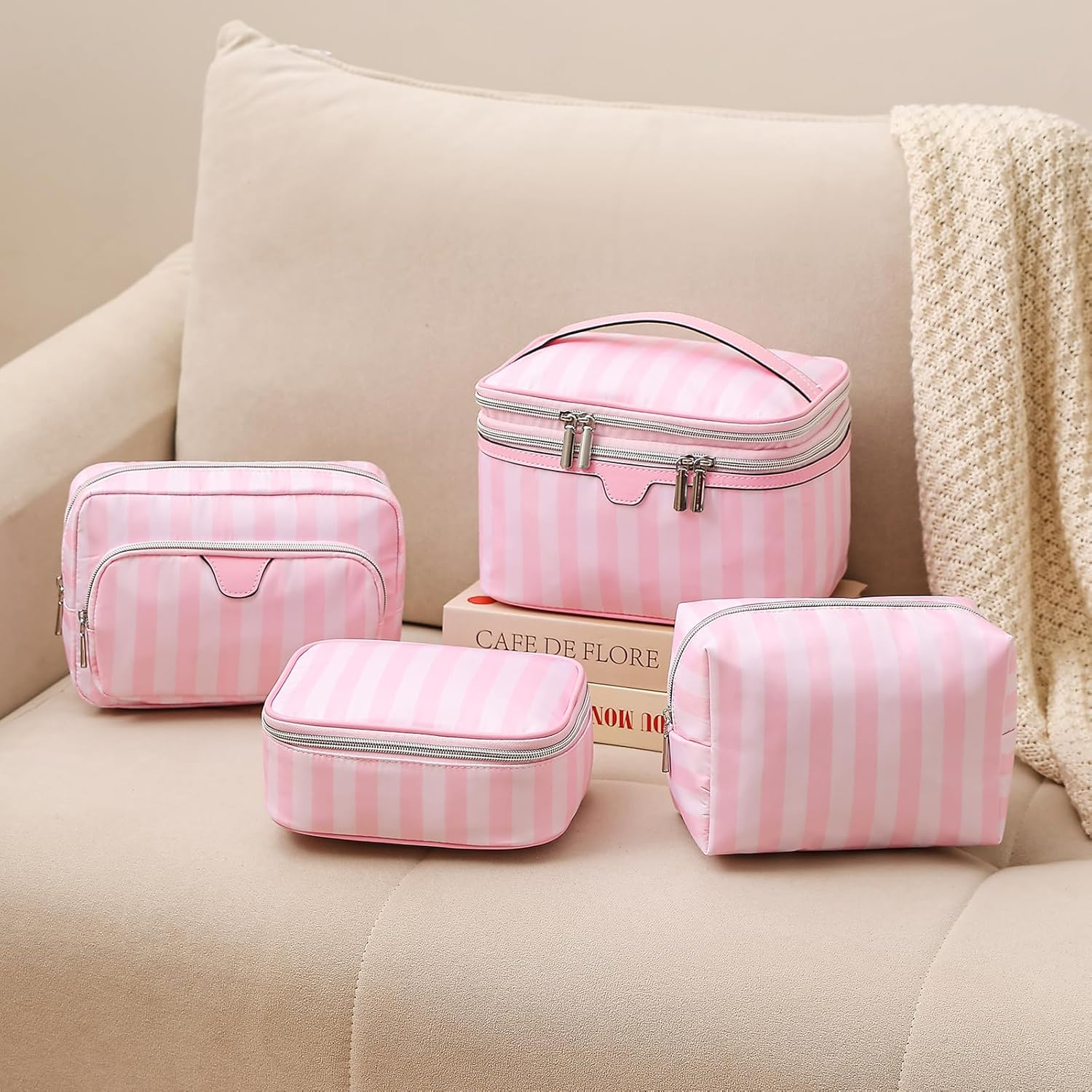 RSRSLEII Large Waterproof Double Layer Travel Makeup Bag, Aesthetic Nylon Striped Cosmetic Case，Coquette Traveling Toiletry Bag with Handle，Ideal for Women and Girls, 01Top Open, Striped and Colorful - 01Top Open image number 3