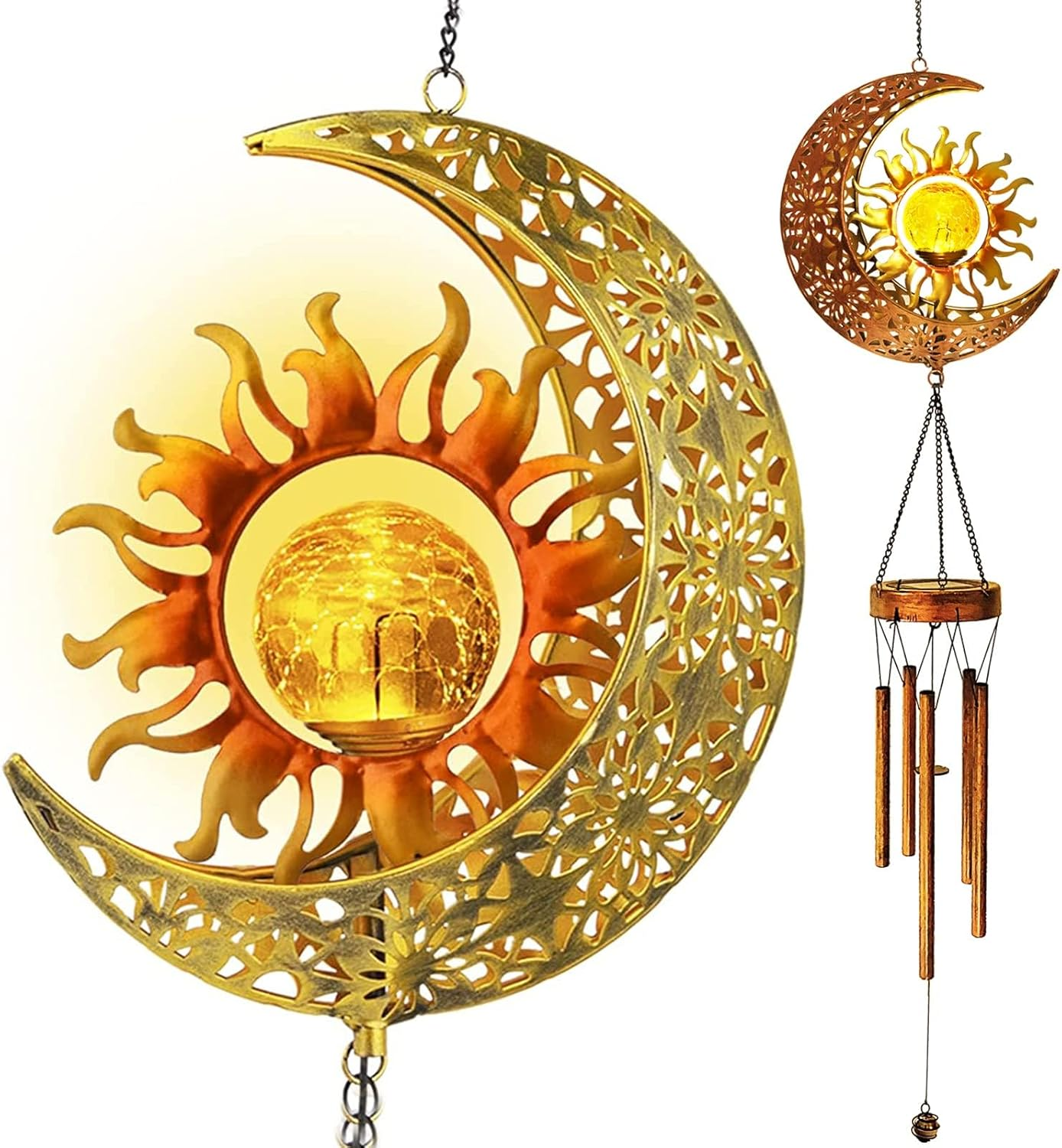 Solar Wind Chimes for Garden - LED Cracked Ball Light with Moon & Sun Design, Waterproof Outdoor Decor