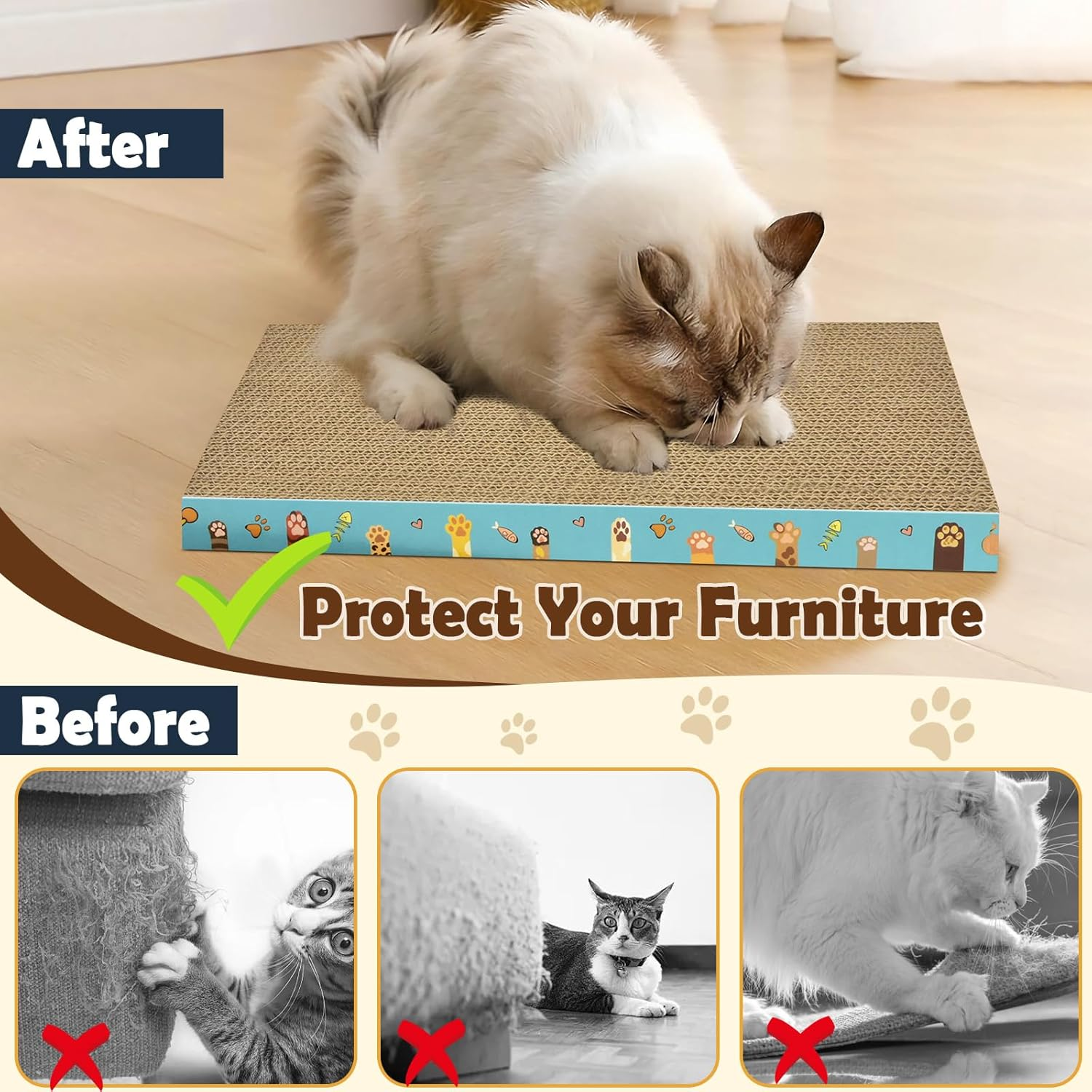 Cardboard Cat Scratcher 3 Pack Refill Reversible Cat Scratching Pad Durable Cat Scratchers for Indoor Cats Kitten to Protect the Furniture (Cat Paws) image number 1