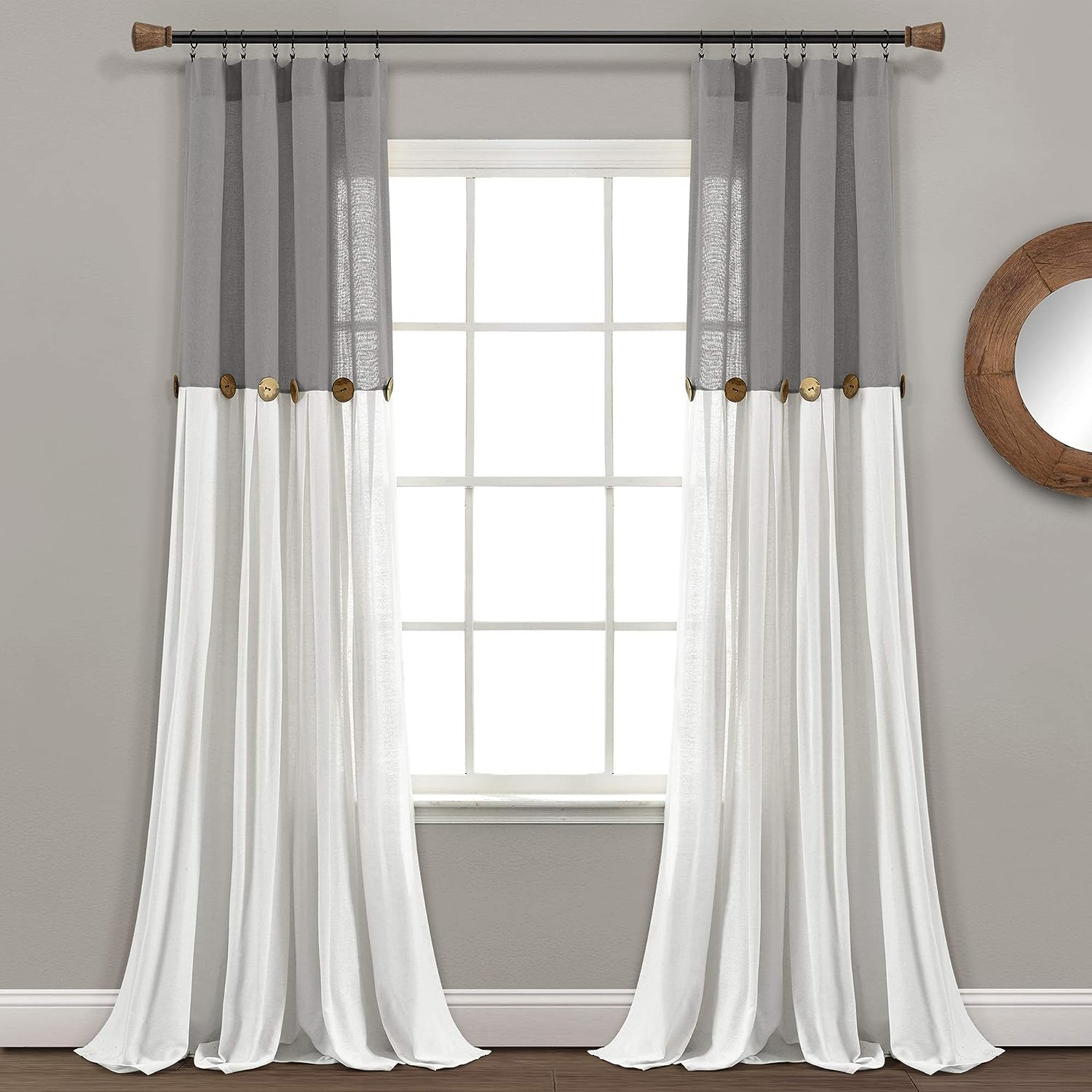 Lush Decor Linen Button Window Curtain Panel, Single, 40" W X 95" L, Dark Gray & White - Country Curtains - Rustic Decor - Color Block Modern Farmhouse Curtains for Living Room, Bedroom & Dining Room image number 1